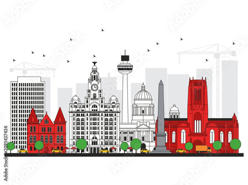 Принти на полотні Liverpool England skyline vector illustration featuring iconic landmarks and red architectural accents