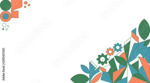 Abstrakter Hintergrund mit geometrischen Formen, Zahnrädern und organischen Blattelementen in einer modernen Farbpalette aus Grün, Blau und Orange mit viel Platz für Text.