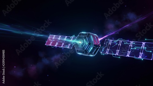 Futuristic satellite orbiting in deep space with glowing neon circuit patterns and cosmic light streaks in background