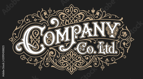 Design de logotipo vintage com tipografia ornamental elegante e detalhes florais intrincados em estilo vitoriano clássico, isolado em um fundo escuro para identidade visual corporativa.