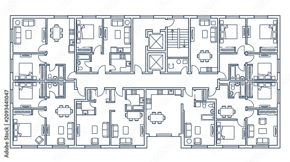 Obraz premium Detailed black and white architectural floor plan layout.