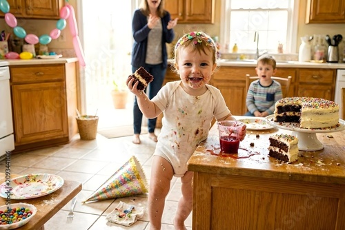 a playful hyperactive cute toddler misbehaving and making a huge mess in a kitchen, throwing around cake and food at a birthday party celebration.