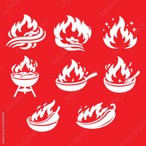 Spicy Fire Flame Logo Icon Set White Hot Grill Pan Wok Chili Pepper Bonfire Collection Blazing Cooking Food Heat Energy Symbol Restaurant Kitchen Catering Label Vector Illustration Isolated on Red Bac