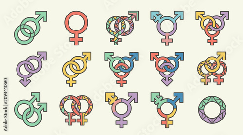 Eine Sammlung von bunten Geschlechtersymbolen und LGBTQ-Icons, die verschiedene Identitäten, Partnerschaften und sexuelle Orientierungen in einem flachen, modernen Designstil darstellen.
