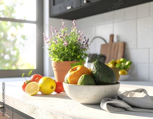 Still Life Of Fresh Organic Produce On A Modern Kitchen Counter