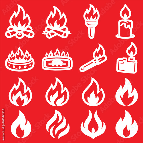 Fire Flame Logo Icon Set White Hot Bonfire Candle Torch Lighter Matchstick Collection Blazing Spark Energy Power Symbol Flammable Safety Warning Label Vector Illustration Isolated on Red Background