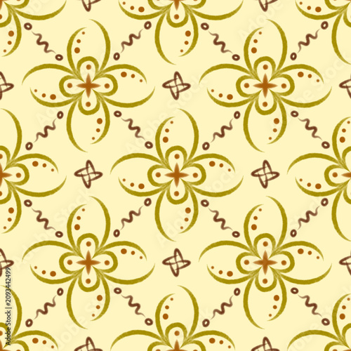 Retro Floral Seamless Pattern with Stylized Green Flowers and Brown Decorative Elements on Cream Background