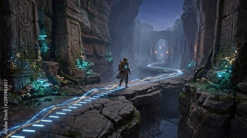 fantasy game adventure mystery ancient ruins canyon glowing path explorer survival quest magic mythology ancient civilization ruins landscape travel discovery epic journey