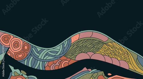 Abstrakte Illustration mit geschwungenen organischen Formen und detaillierten Mustern in einer gedämpften Farbpalette auf einem dunklen Hintergrund für kreative Designs