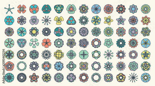 Eine umfangreiche Sammlung von achtzig einzigartigen, bunten geometrischen Mandalas und floralen Ornamenten in einem flachen, modernen Vektor-Design-Stil auf hellem Hintergrund.