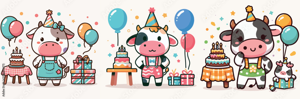 Fototapeta premium Cute cow birthday party vector illustration set with cake, balloons and festive decorations, kawaii cartoon farm animal collection