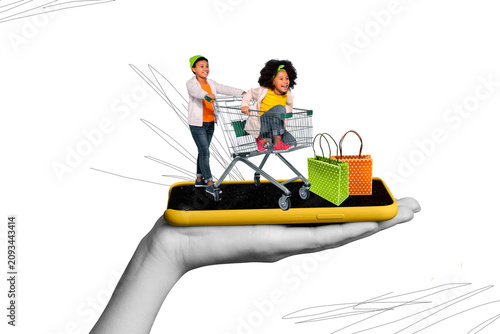 Valokuva Composite collage image of funny little kids hand hold telephone eshop shopping