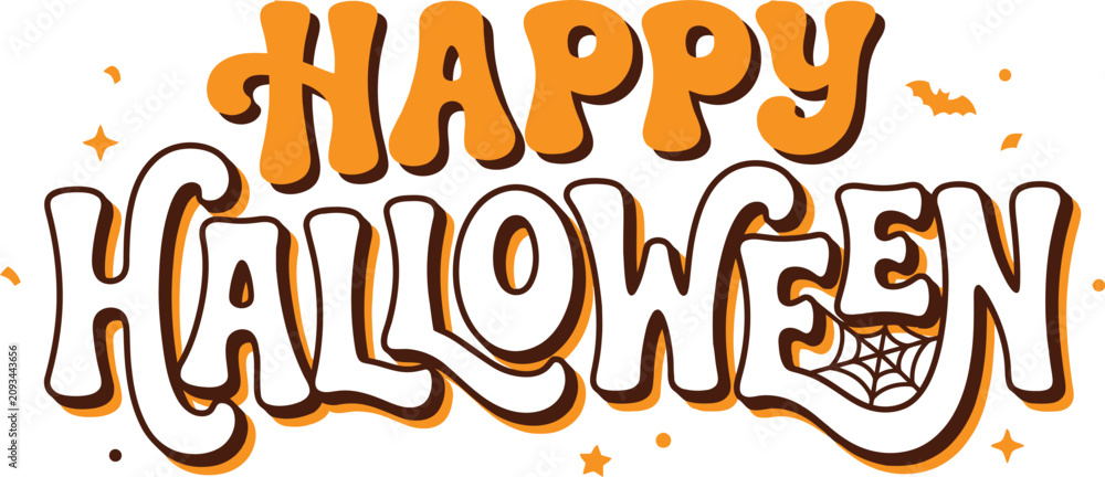 Fototapeta premium Vibrant orange and white happy halloween text with spooky elements