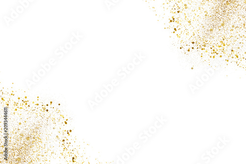 Golden glitter particles are scattered in the corners of a white background, creating an elegant, festive appearance.