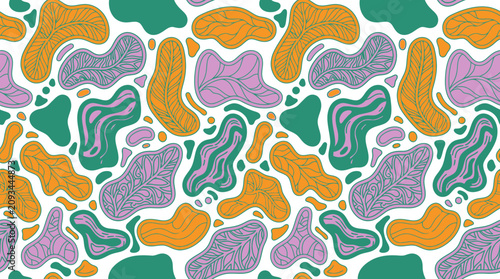 Nahtloses Muster mit abstrakten organischen Formen in einer modernen Farbpalette aus Grün, Gelb und Violett auf weißem Hintergrund für kreative Designprojekte