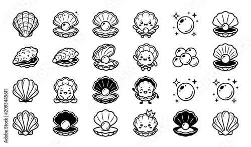 Konstfotografi Cute Oyster and Pearl Black and White Icon Collection