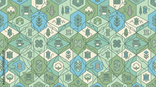 Nahtloses Muster mit stilisierten Näh- und Textilsymbolen in einem geometrischen Hexagon-Design, ideal für Handwerks- und Stoffprojekte.