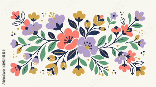 Minimalist flat floral landscape background with Scandinavian folk art retro bouquet banner