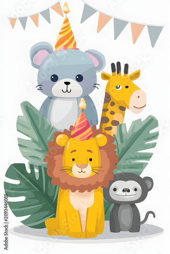 Animals are celebrating a birthday with hats and decorations in a fun setting