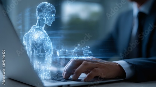 A digital holographic projection of a human body hovers over a laptop as a businessman in a suit types, symbolizing advanced technology and innovation in science and business.