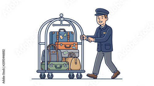 Tableau sur toile Hotel Bellhop with Luggage Cart Vector Illustration