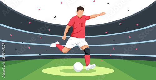 Soccer Player Kicking Ball in Stadium Flat Sports Vector Illustration