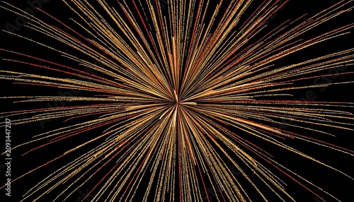 A vibrant abstract explosion of golden and orange light rays radiating outward from a central point creating a dynamic textured effect on a deep black background.
