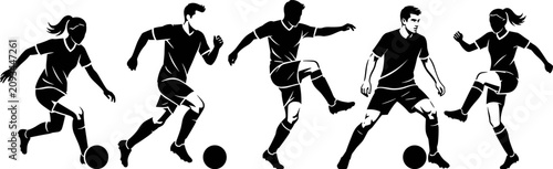 Soccer Player Silhouette Collection Vector Set with Dribbling Passing Kicking and Ball Control Poses