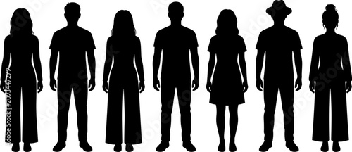 Standing People Silhouette Collection Front View Human Character Vector Set Isolated on White Background