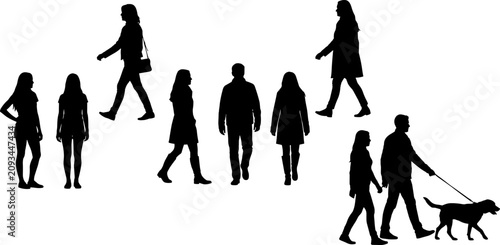 Walking People Silhouette Collection with Pedestrians and Dog Walker Vector Set Isolated on White