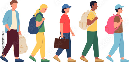 Walking People with Backpacks Character Collection Flat Vector Illustration Set for Travel and Education