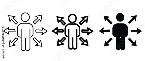 Diverse team following a leader in business direction. Group of professionals moving forward with strategic guidance arrows. Corporate leadership a...