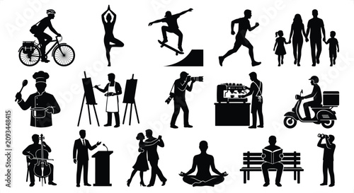 Photos Diverse human silhouettes engaged in various activities against a white backgrou