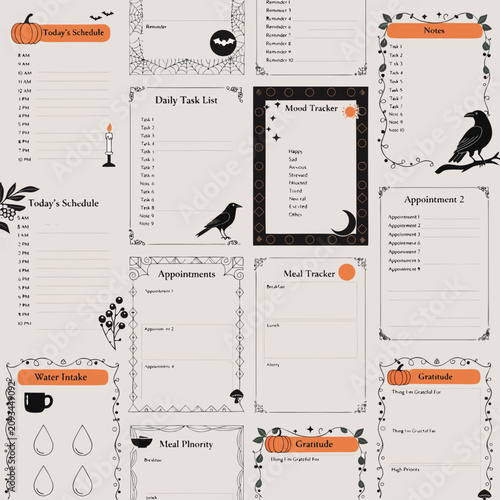 Set of aesthetic halloween themed printable planner pages and templates