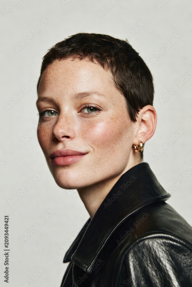 Obraz premium Confident woman in leather jacket.