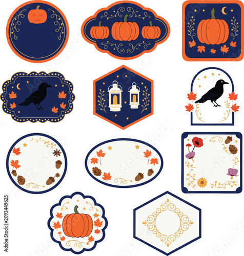 Set of autumn harvest themed labels with pumpkins and crows