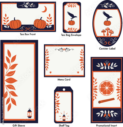 Set of autumn harvest themed packaging labels and menu cards featuring pumpkins and leaves
