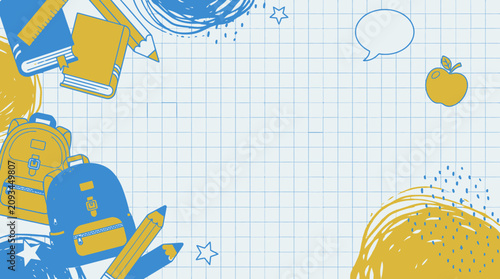 青と黄色の配色で描かれた学校の文房具やバックパックのイラストが配置された、方眼紙風の背景を持つ教育をテーマにしたおしゃれなフレームデザインの横型グラフィック素材です。