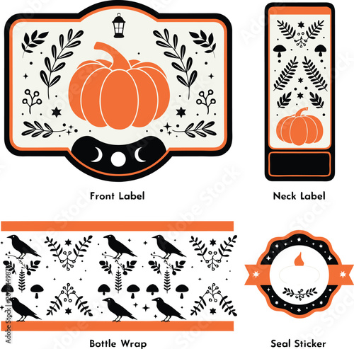 Set of decorative halloween labels featuring orange pumpkins crows and botanical elements on white background