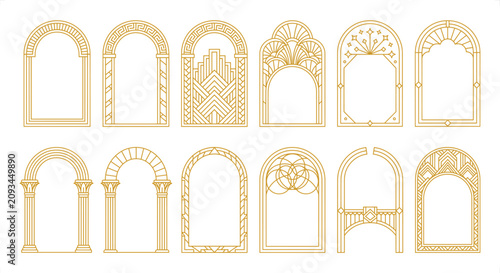 Ornate gold geometric arch frames in art deco style during a white background studio setting conceptualizing elegance