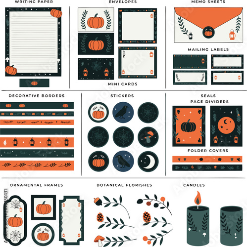 Set of festive halloween stationery elements with pumpkin and autumn illustrations