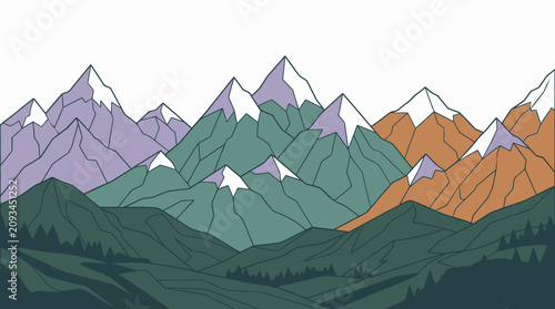 雪を頂いた山々と深い森が連なる美しい風景を描いたフラットスタイルのベクターイラストレーションで、自然の雄大さと静寂な雰囲気を表現した背景デザイン素材です。