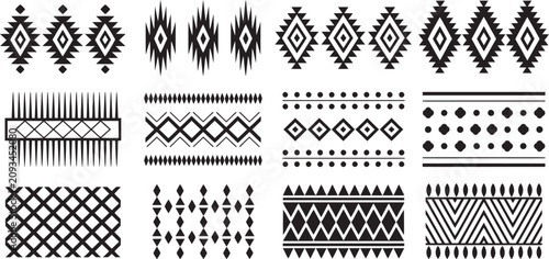 Aztec Navajo vector border collection with classic Southwestern geometric ornaments, tribal ethnic patterns and seamless decorative designs for fabric printing, packaging, branding, stationery 