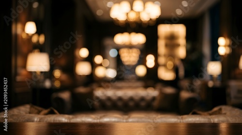 Warm bokeh interior restaurant lounge blurred lights.