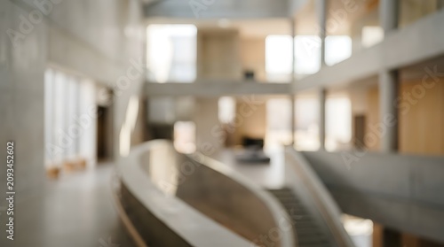 Blurred Modern Atrium Interior with Curved Wood Benches.