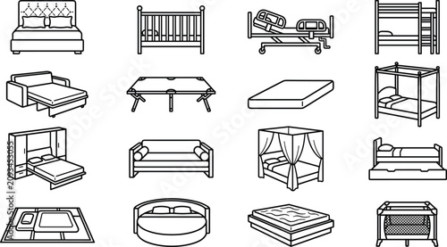 Bed and Mattress Furniture Icon Set with Double Bed, Canopy, Hospital Cot, Bunk Bed, Sofa Sleeper, Crib, and Murphy Bed Vector Graphics