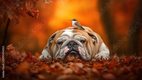Adorable Bulldog Resting Softly Among Autumn Leaves with Warm Orange Sunset Lighting