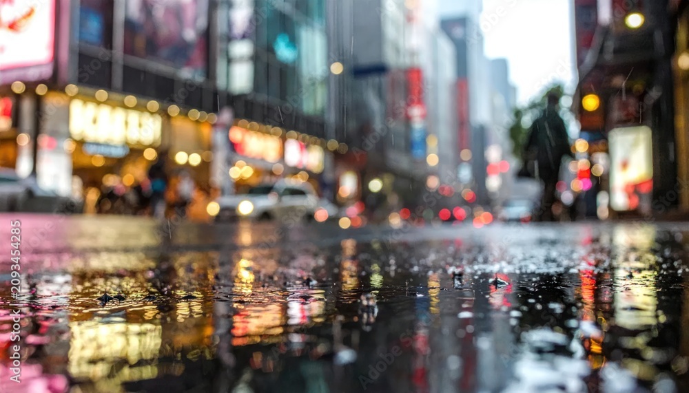 Obraz premium Rainy City Street Reflections - A Blur of Lights and Motion.
