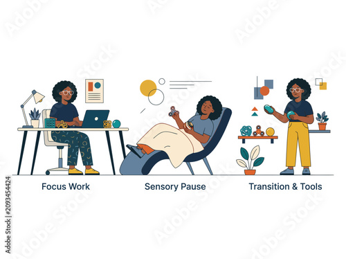 Cuadro en lienzo Flat vector illustration of a neurodiverse focus routine with fidget tools and restorative recline