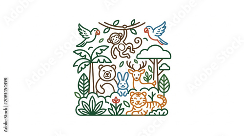 Canvas Print Colorful Jungle Animal Illustration with Trees and Birds.